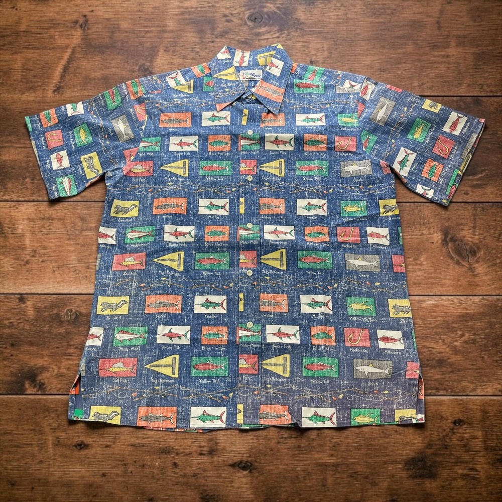 Vintage Reyn Spooner Mens Blue Fishing Print Hawaiian Button Down Shirt Medium